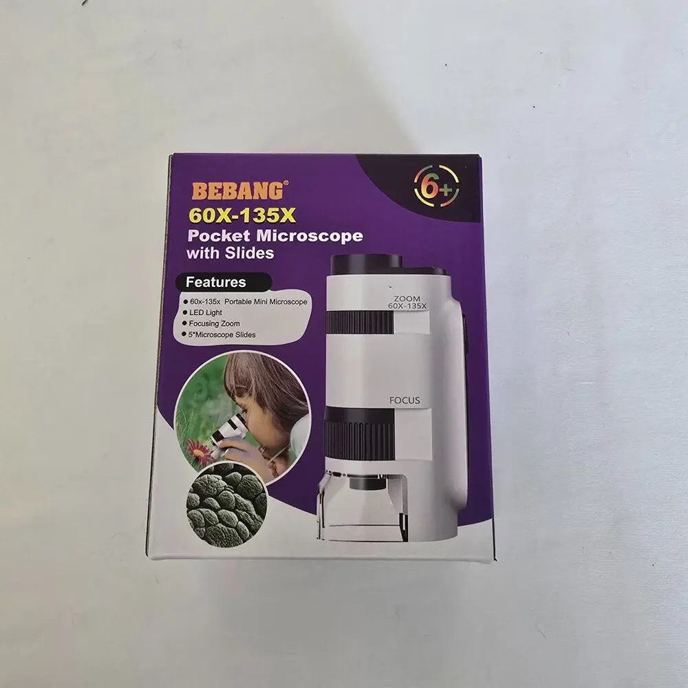Bebang Pocket Microscope with Slides 60X-135X LED Light NIB